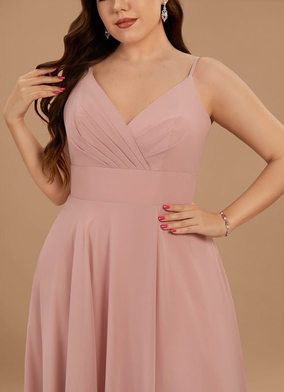 Trapèze col v longueur ras du sol mousseline robe de bal avec plissée - gallery 8