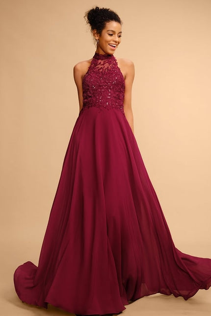 Trapèze licou longueur ras du sol dentelle mousseline robe de bal avec paillettes - gallery 3