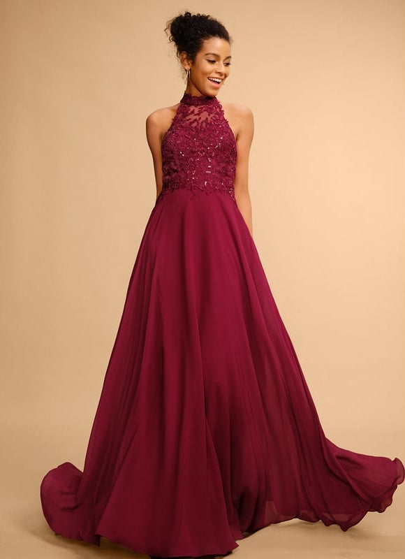 Trapèze licou longueur ras du sol dentelle mousseline robe de bal avec paillettes - gallery 3