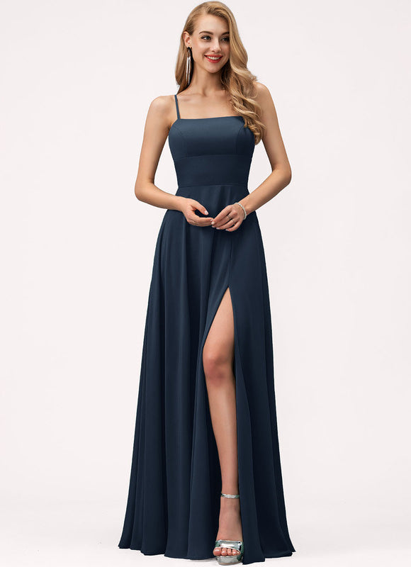 Trapèze col carré longueur ras du sol mousseline robe de demoiselle d'honneur - gallery 1