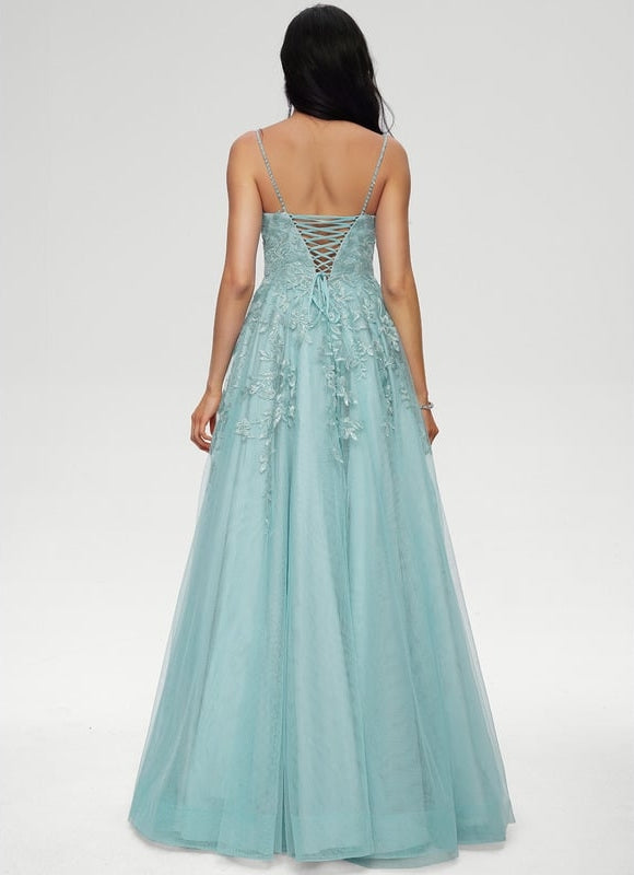 Princesse col droit longueur ras du sol tulle robe de bal avec paillettes appliques de dentelle - gallery 2