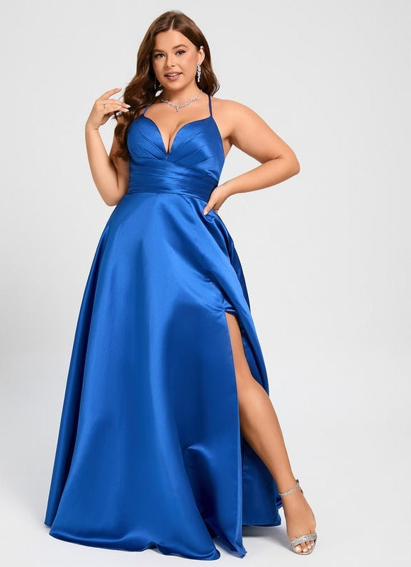 Trapèze col v longueur ras du sol satin robe de bal avec plissée - gallery 9