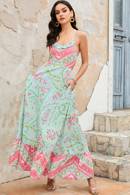 Robe imprimé fleur licou trapèze polyester maxi