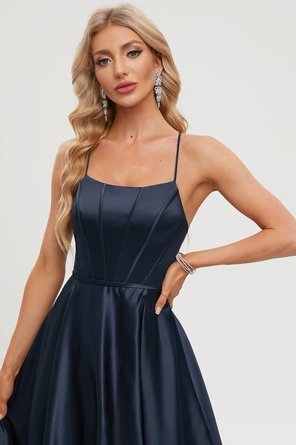 Trapèze col rond longueur ras du sol satin robe de bal - gallery 3