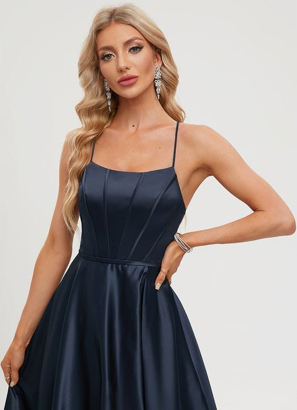 Trapèze col rond longueur ras du sol satin robe de bal - gallery 3