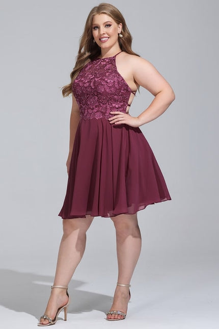 Trapèze col rond longueur genou mousseline robe de bal de promo avec perles - gallery 5