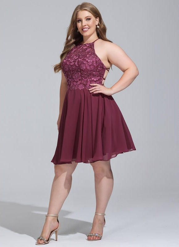 Trapèze col rond longueur genou mousseline robe de bal de promo avec perles - gallery 5