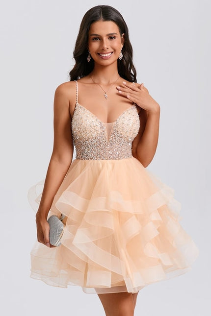 Princesse col v court tulle robe de bal de promo avec perles paillettes - gallery 2