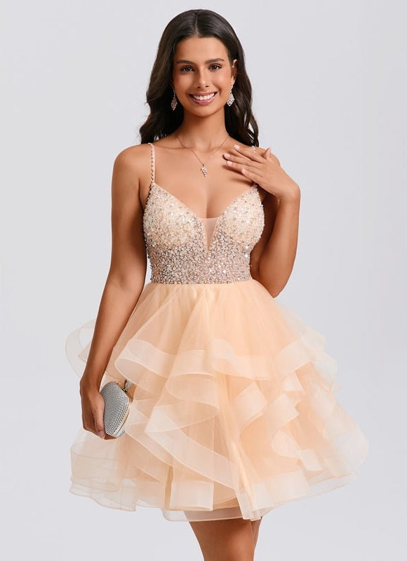 Princesse col v court tulle robe de bal de promo avec perles paillettes - gallery 2