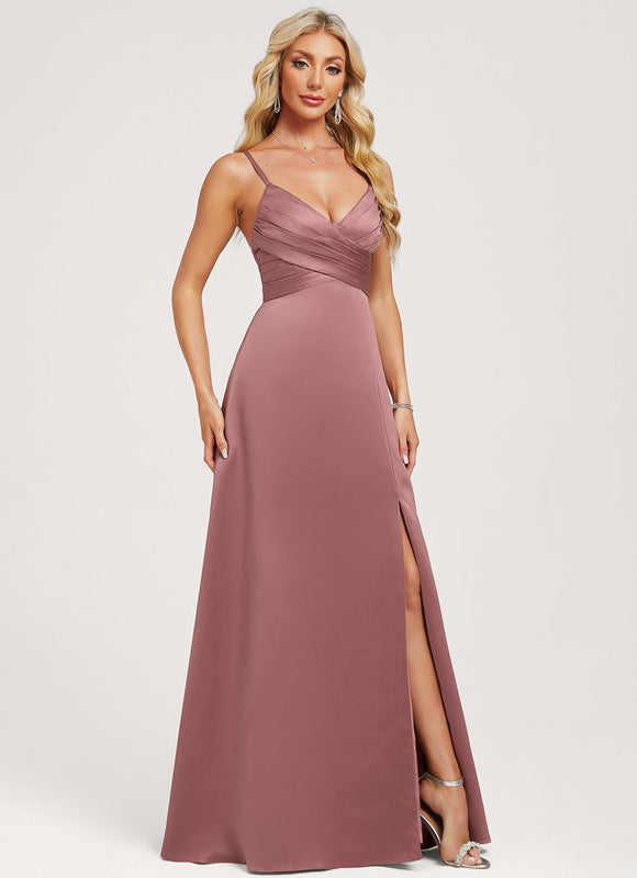 Trapèze col v longueur ras du sol satin robe de demoiselle d'honneur - gallery 2