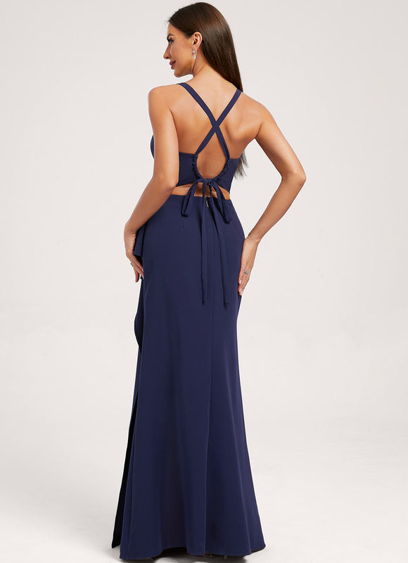 Trapèze col carré longueur ras du sol crêpe extensible robe de demoiselle d'honneur avec à volants - gallery 2
