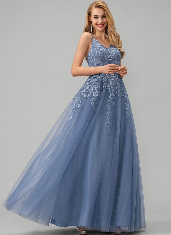 Princesse col v longueur ras du sol tulle robe de bal - gallery 3