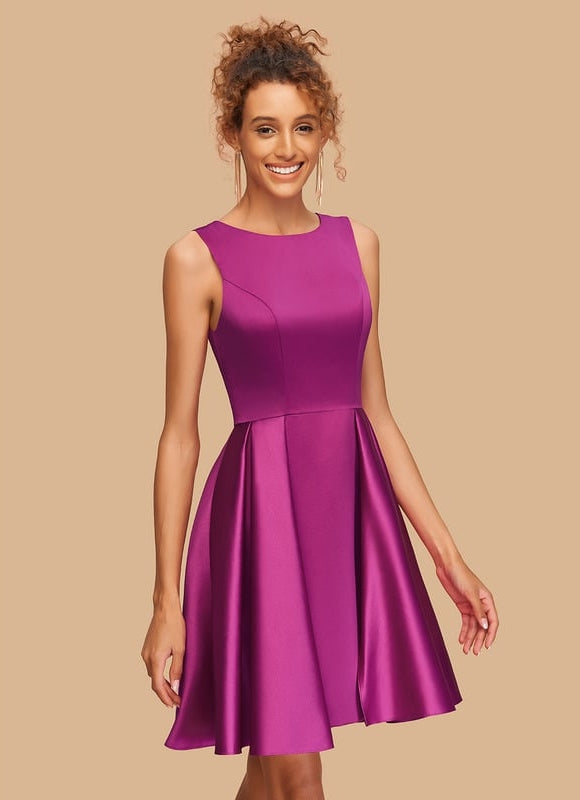 Trapèze col rond court satin robe de bal de promo - gallery 2