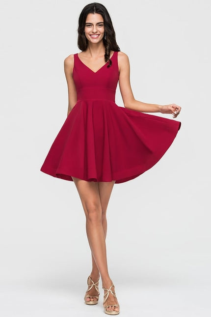 Trapèze col v court crêpe extensible robe de bal de promo - gallery 5