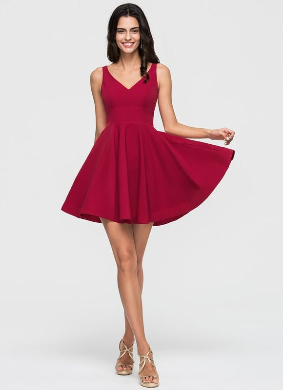 Trapèze col v court crêpe extensible robe de bal de promo - gallery 5