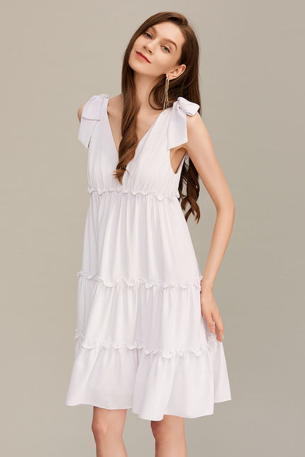Robe nœud col v trapèze mélanges de coton mini