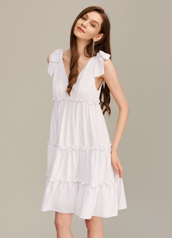 Robe nœud col v trapèze mélanges de coton mini