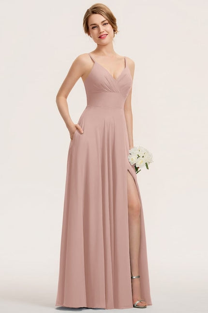 Trapèze col v longueur ras du sol mousseline robe de bal avec plissée - gallery 1