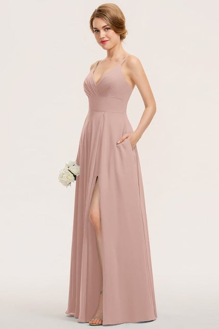 Trapèze col v longueur ras du sol mousseline robe de bal avec plissée - gallery 3