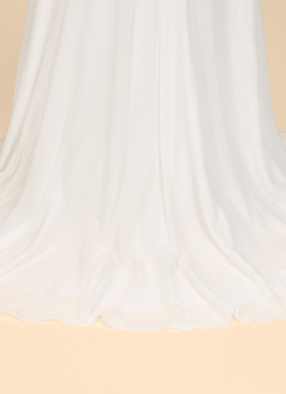 Trapèze col v traîne balayage mousseline dentelle robe de mariée avec perles paillettes - gallery 9