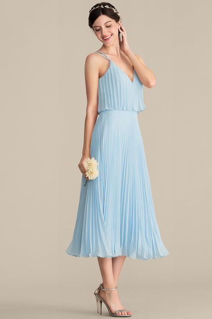 Trapèze col v longueur mollet mousseline robe de demoiselle d'honneur avec plissée