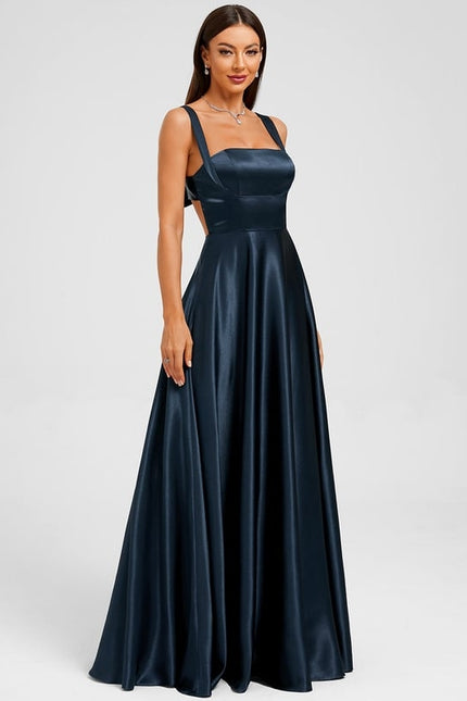 Trapèze col droit longueur ras du sol satin extensible robe de bal avec nœud - gallery 3