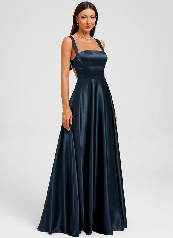 Trapèze col droit longueur ras du sol satin extensible robe de bal avec nœud - gallery 3