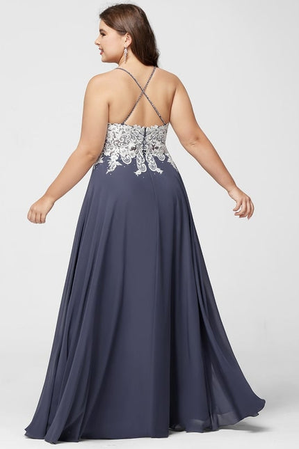 Trapèze col v longueur ras du sol mousseline robe de bal avec perles paillettes - gallery 5