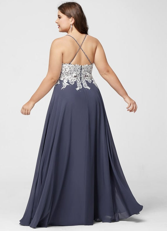 Trapèze col v longueur ras du sol mousseline robe de bal avec perles paillettes - gallery 5