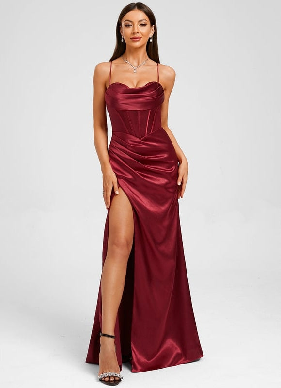 Fourreau col cœur longueur ras du sol satin extensible robe de bal avec plissée - gallery 5