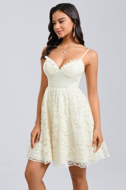 Trapèze col v court dentelle robe de bal de promo - gallery 3