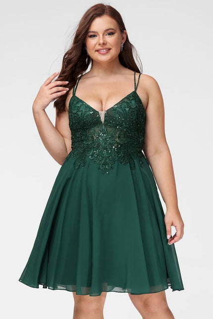 Trapèze col v court mousseline robe de bal de promo avec paillettes perles - gallery 6