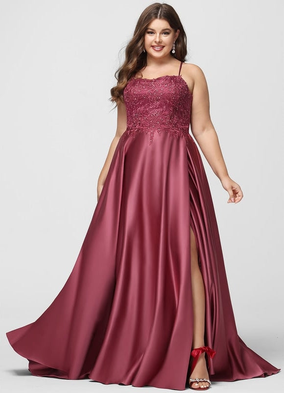 Trapèze col carré traîne balayage satin robe de bal avec strass - gallery 5
