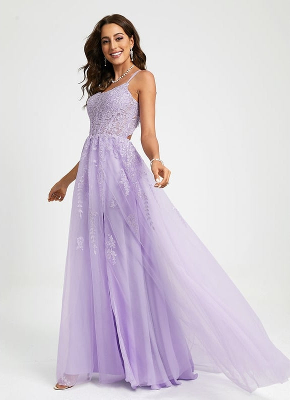 Princesse col rond traîne balayage tulle dentelle robe de bal avec paillettes - gallery 3