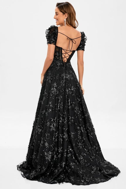 Trapèze col v traîne balayage floral dentelle robe de bal avec paillettes - gallery 5