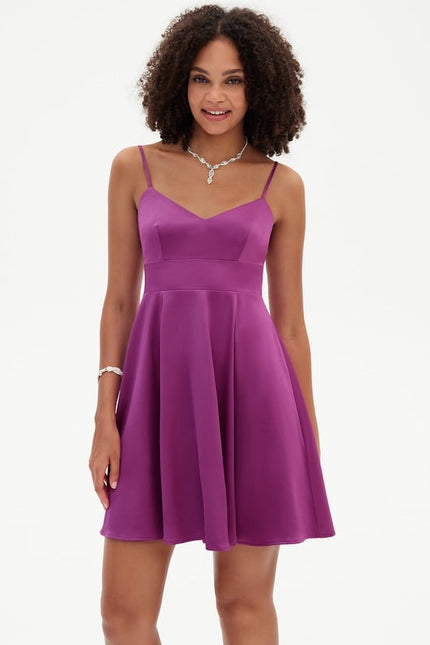 Trapèze col v mini satin de soie robe de bal de promo avec nœud - gallery 5