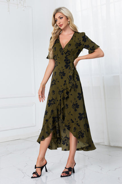 Robe jacquard col v trapèze polyester asymétrique midi - gallery 3