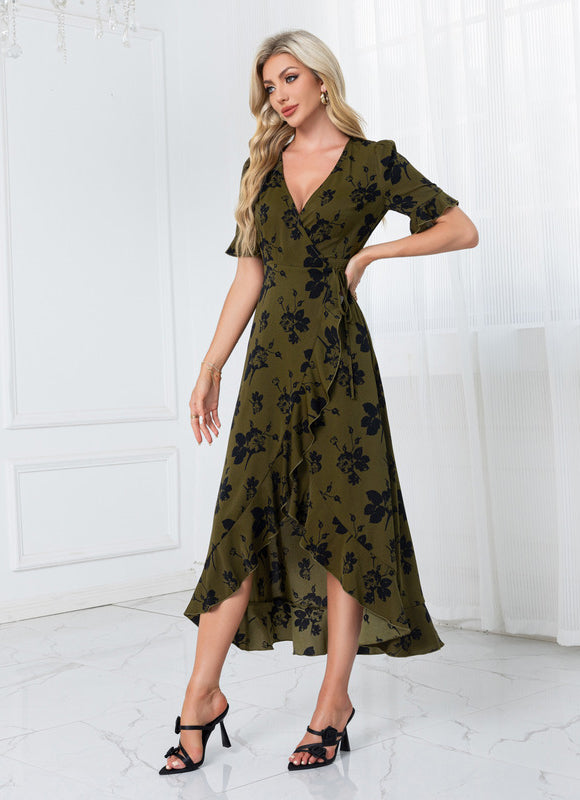 Robe jacquard col v trapèze polyester asymétrique midi - gallery 3