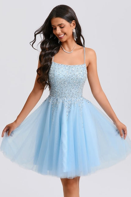 Trapèze col rond court tulle paillette robe de bal de promo avec paillettes perles - gallery 2