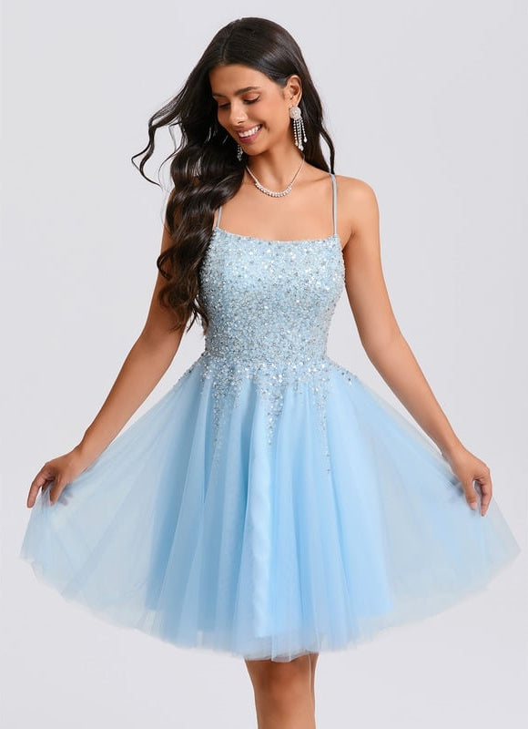 Trapèze col rond court tulle paillette robe de bal de promo avec paillettes perles - gallery 2