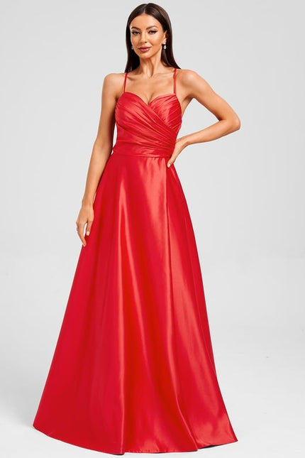 Trapèze col v longueur ras du sol satin robe de bal avec plissée