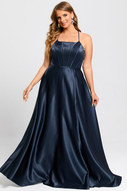 Trapèze col rond longueur ras du sol satin robe de bal - gallery 7