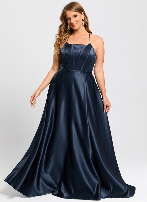 Trapèze col rond longueur ras du sol satin robe de bal - gallery 7