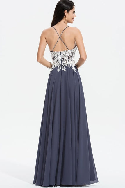 Trapèze col v longueur ras du sol mousseline robe de bal avec perles paillettes - gallery 2