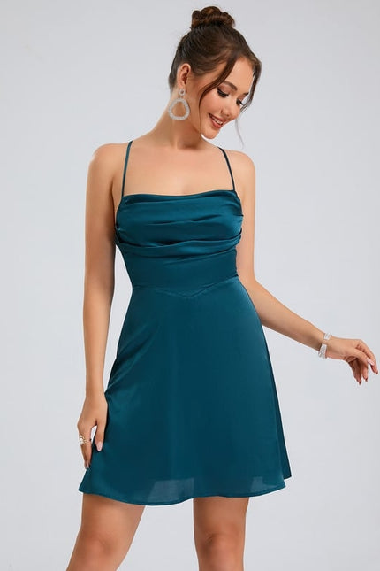 Trapèze col bénitier court satin de soie robe de bal de promo - gallery 4