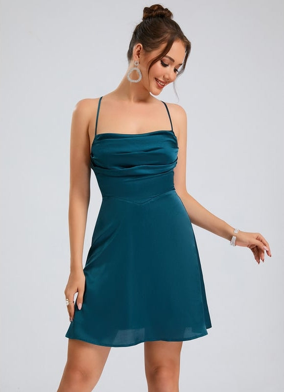 Trapèze col bénitier court satin de soie robe de bal de promo - gallery 4