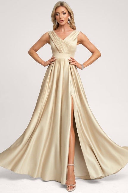 Trapèze col v longueur ras du sol satin robe de demoiselle d'honneur