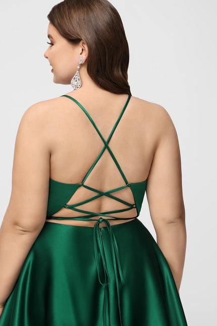 Trapèze col bénitier court satin robe de bal de promo avec plissée - gallery 8