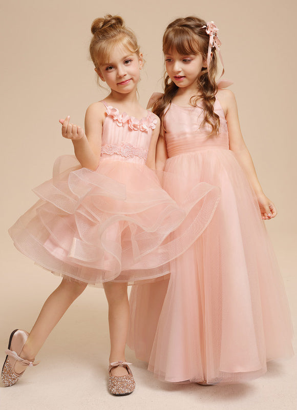 Princesse col rond longueur genou tulle robes fille mariage avec motif floral 3d - gallery 2