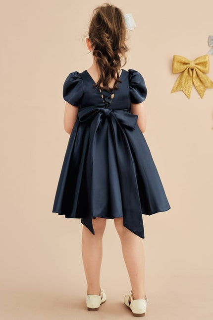 Trapèze col rond longueur genou satin robes fille mariage - gallery 8